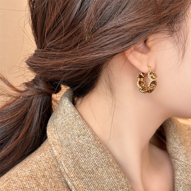Brown Crystal Circle Ear Clip Women's Elegant Light Luxury Earrings High-Grade Earrings for Women