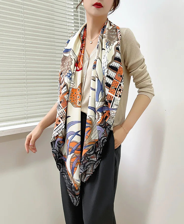 130x130CM Twill Silk Square Scarf Animals Print Women Scarves&Wrap Giraffe Neckerchief Spanish Large Bandana Neck Shawl Wraps