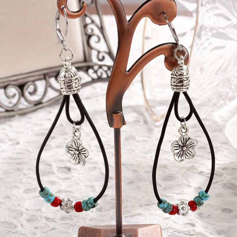 Ethnic Bohemian Style Leather Rope Flower Earrings Flower-shaped Jade Earrings Beaded Elegant Niche Simple Female