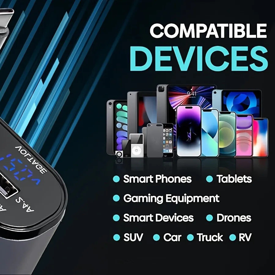 120W Car Charger 4 in 1 Retractable Fast Charging Car Phone Charger Cigarette Lighter Adapter USB C Cable for iPhone Xiaomi Poco