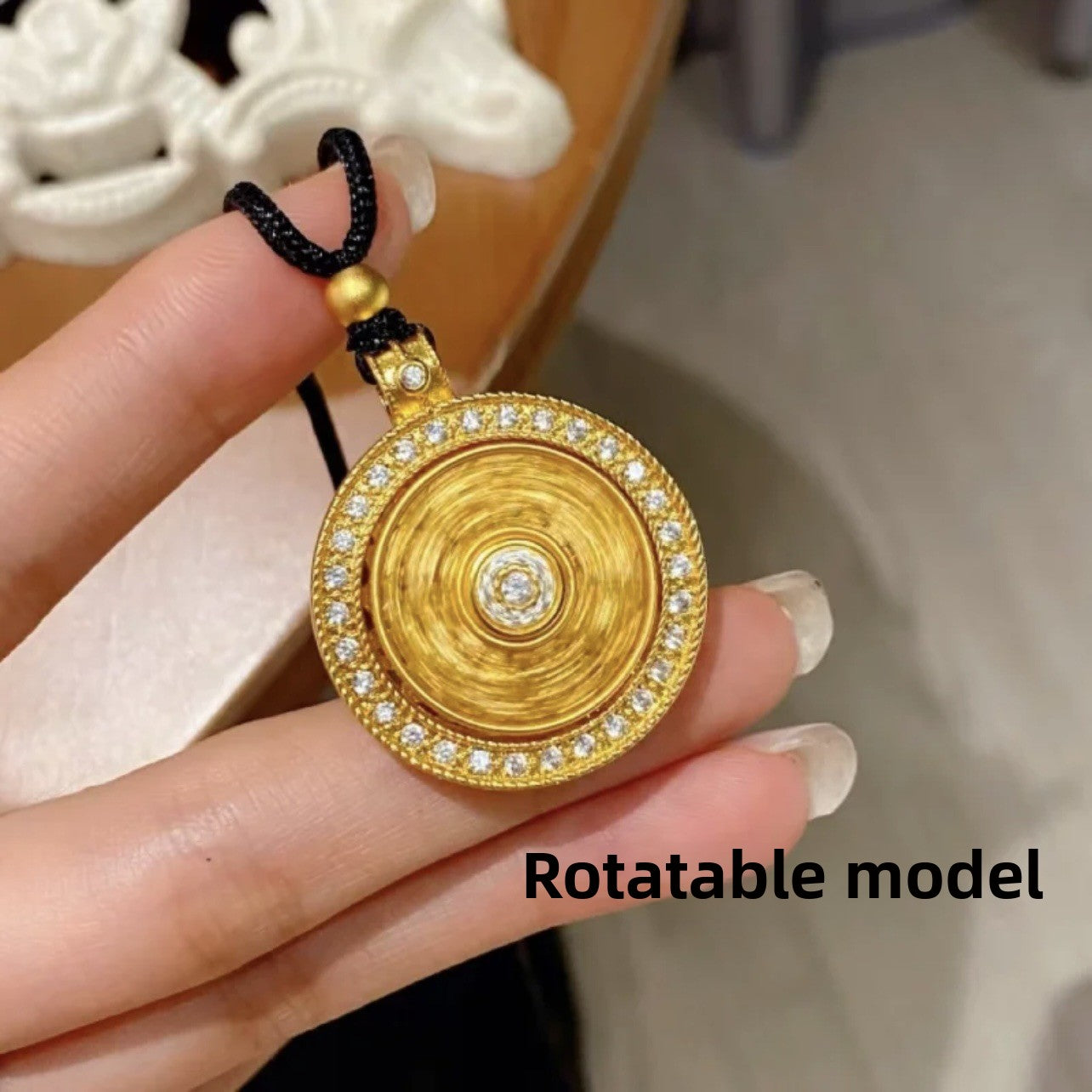 New Chinese-style Rotating Diamond-encrusted Eight Treasure Compasses Pendant Ancient Sand Gold Hollow Cafe Rope Black Rope Necklace for Women