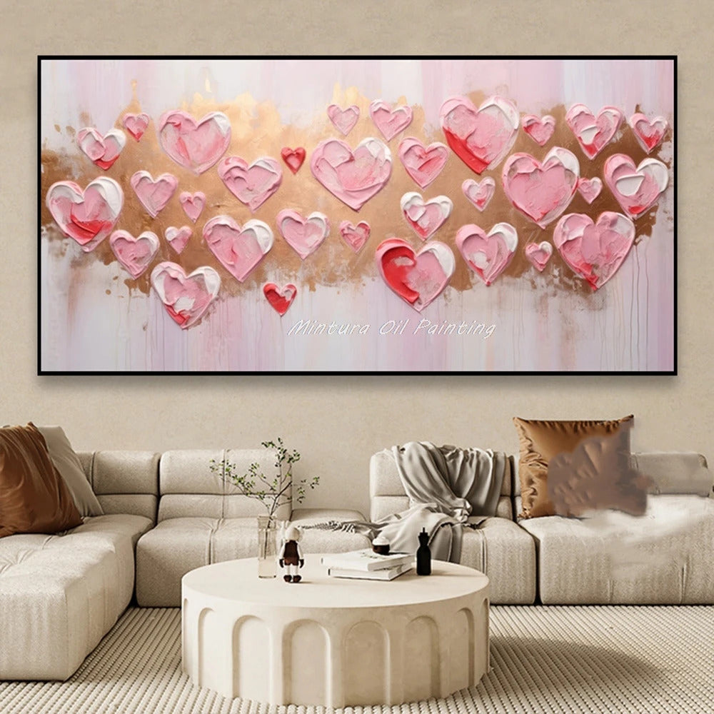 Mintura,100% Handmade Knife Graffiti Pink Red Heart Oil Painting on Canvas,Modern Abstract Wall Art Picture,Room Home Decoration