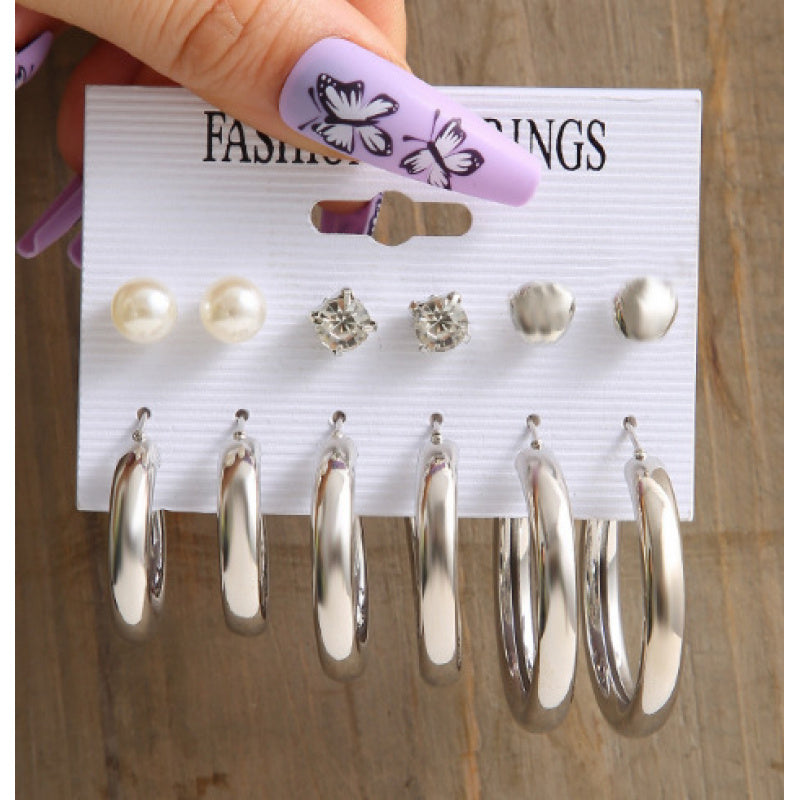 Metal Earrings Square Geometric Earrings Vintage Imitation Pearl Earrings Hepburn Earrings suit 6-piece Set