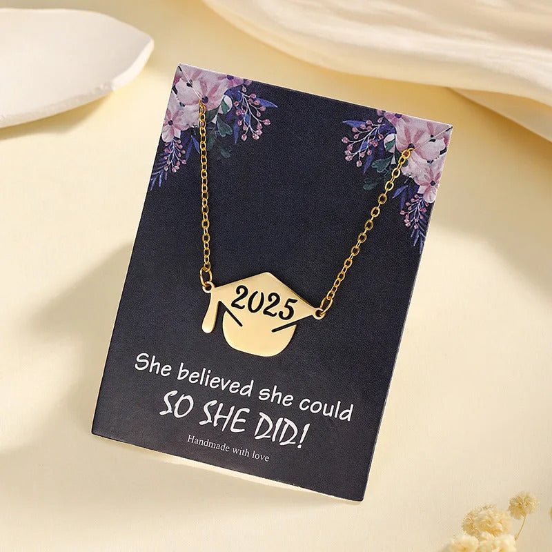 2025 Graduation Cap Pendant Necklace With Card Stainless Steel Graduation Jewelry Accessories Gifts