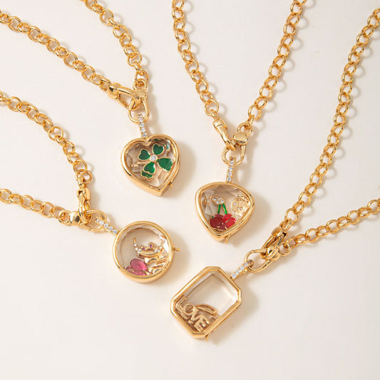 Retro Personality Photo Box Pendant Necklace Openable DIY Pendant Hollow Design Transparent Box 18K Gold Color Retention