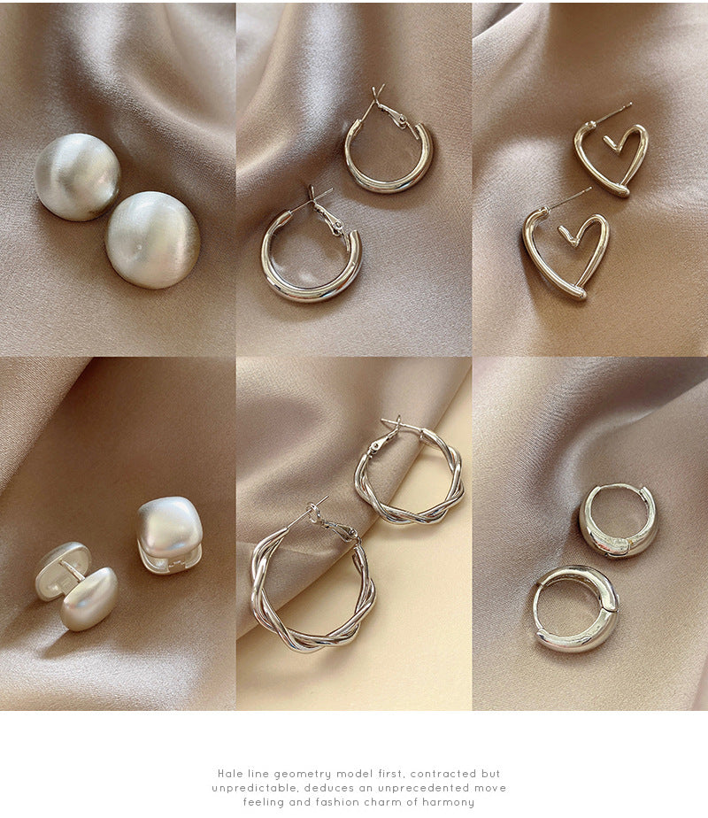 925 Silver Needle Hong Kong Style Retro Metal Earrings Women's High-Grade Geometric Simple Bracelet Ear Clip All-Match Exaggerated Commuter Earrings