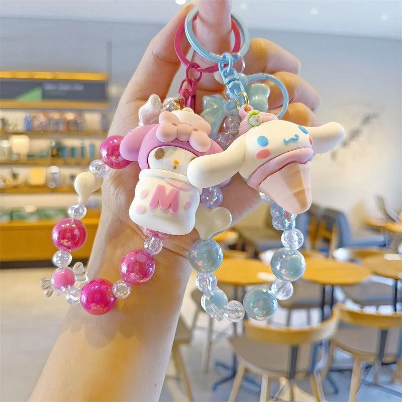 Sanrio Beaded Keychain Hello Kitty Cinnamoroll Kuromi Cute Cartoon Doll Pendant Phone Chain Keychains Bag Pendant Accessories