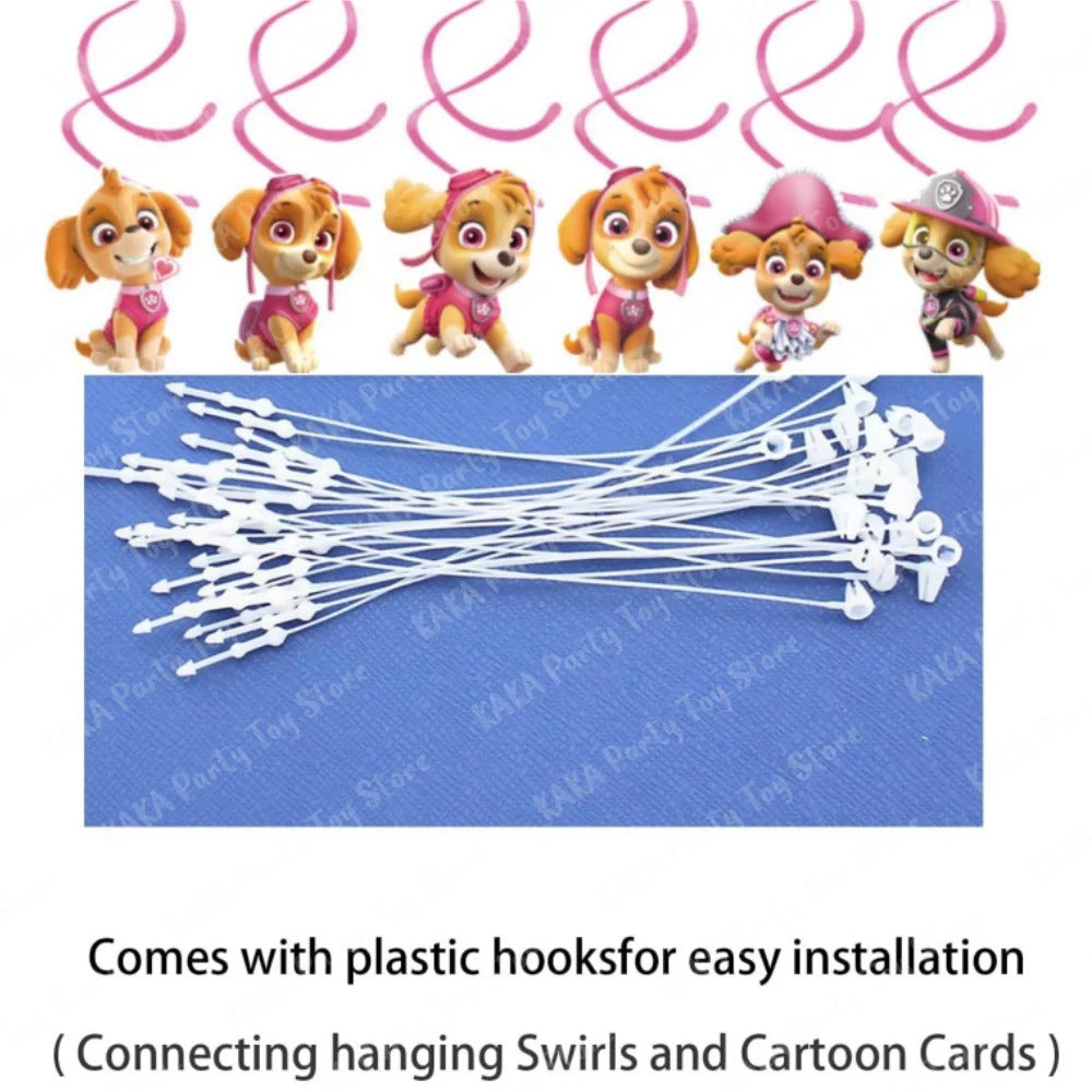 Skye Paw Patrol Birthday Decoration Pink Theme Paper Banner and 6 Hanging Swirls for Kids Girls Baby Shower Party Supplies Set