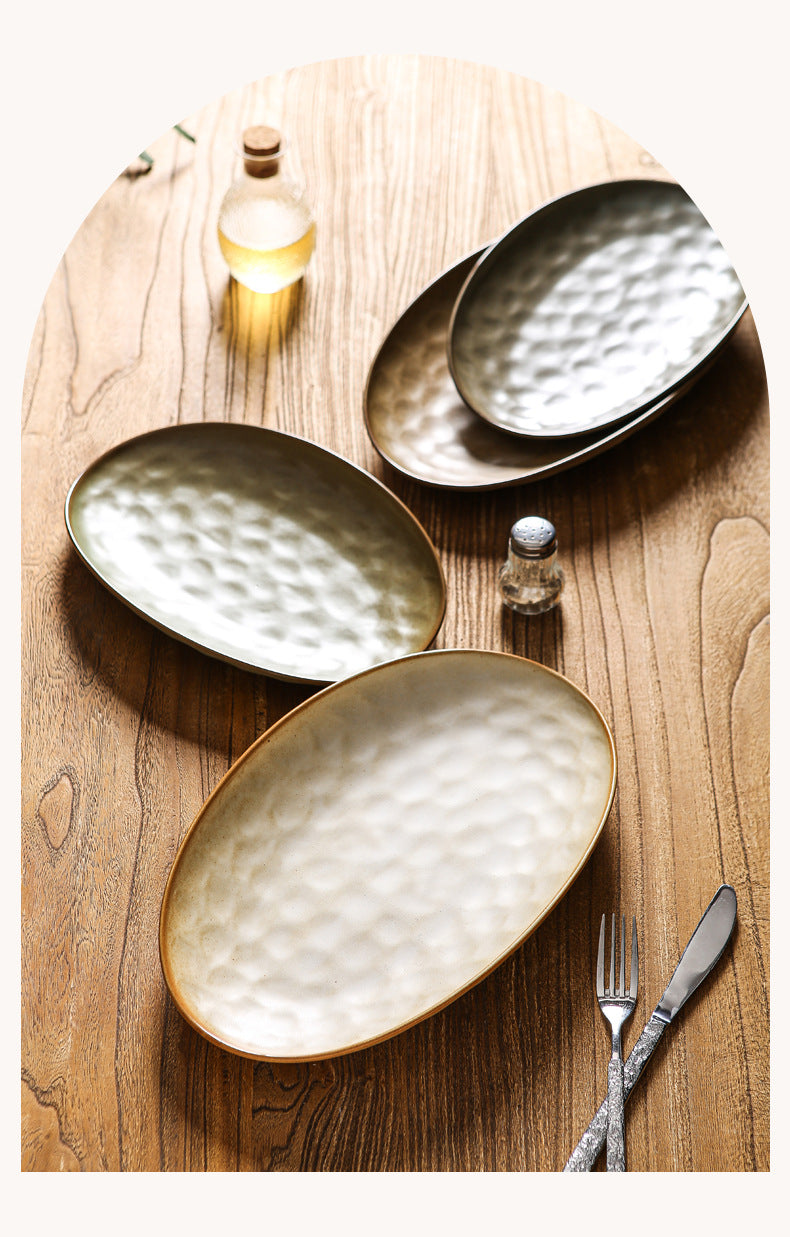Vintage Coarse Pottery Oval Ceramic Long Plate Restaurant Home Large Capacity Personalized Fish Plate Sushi Pastry Dessert Display Plate