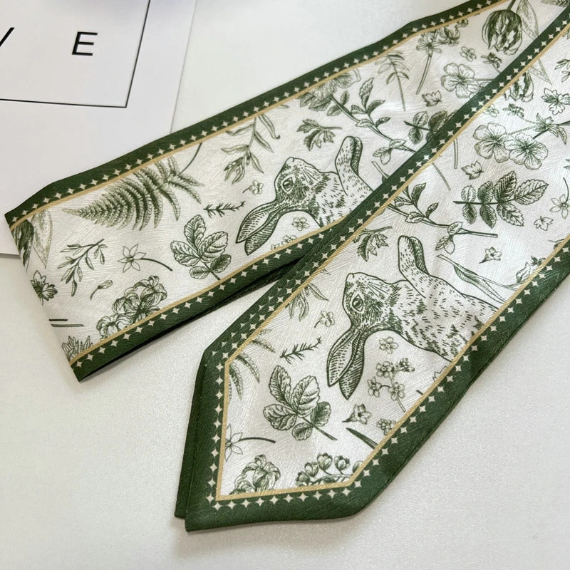 High-Grade Flower Print Long Silk Scarf Hair Band Ribbon Tied-up Hair Long Bow Vintage Satin Ribbon Hair Accessories For Women