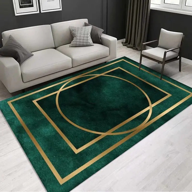 Luxury Modern Geometric Living Room Carpets Home Decoration Golden Green Rugs for Bedroom Washable Fluffy Large Area Mat Bedside