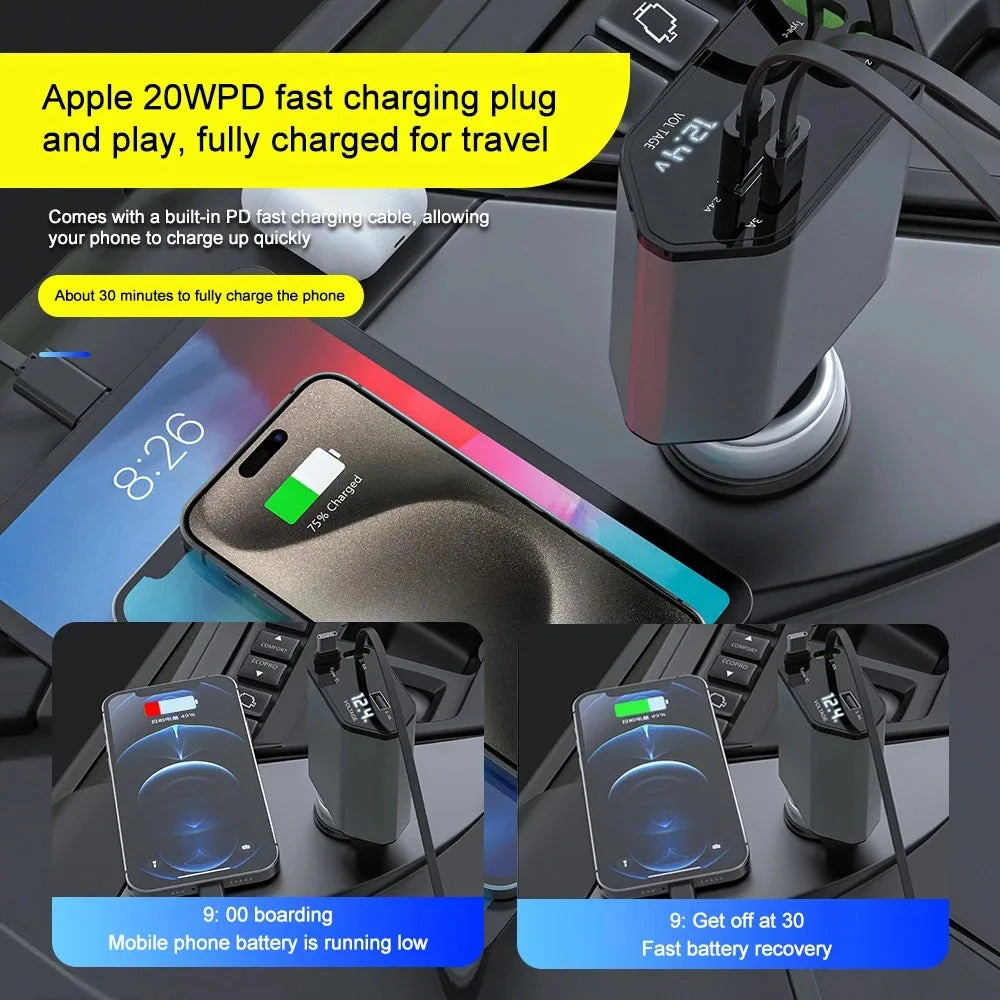 120W Car Charger 4 in 1 Retractable Fast Charging Car Phone Charger Cigarette Lighter Adapter USB C Cable for iPhone Xiaomi Poco