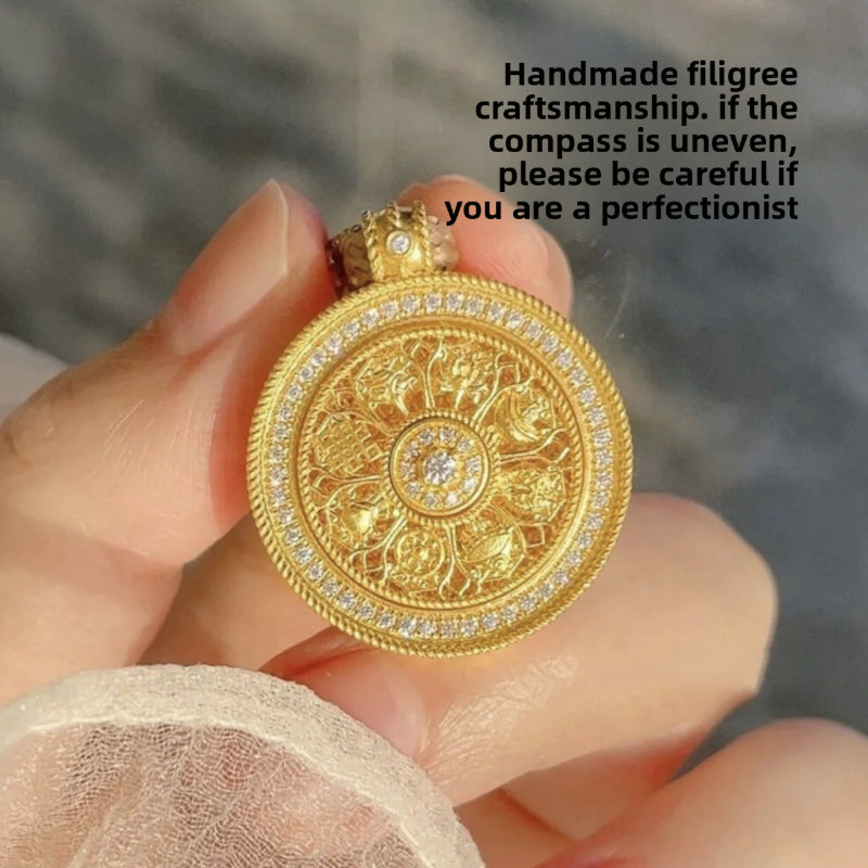 New Chinese-style Rotating Diamond-encrusted Eight Treasure Compasses Pendant Ancient Sand Gold Hollow Cafe Rope Black Rope Necklace for Women