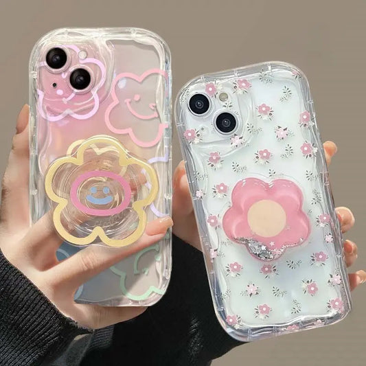 Floral Flower Bracket Case Cover for Samsung Galaxy S24 FE S25 S22 S23 Ultra Plus 5G A55 A35 A54 A15 A16 5G A05S A05 Wavy Shell