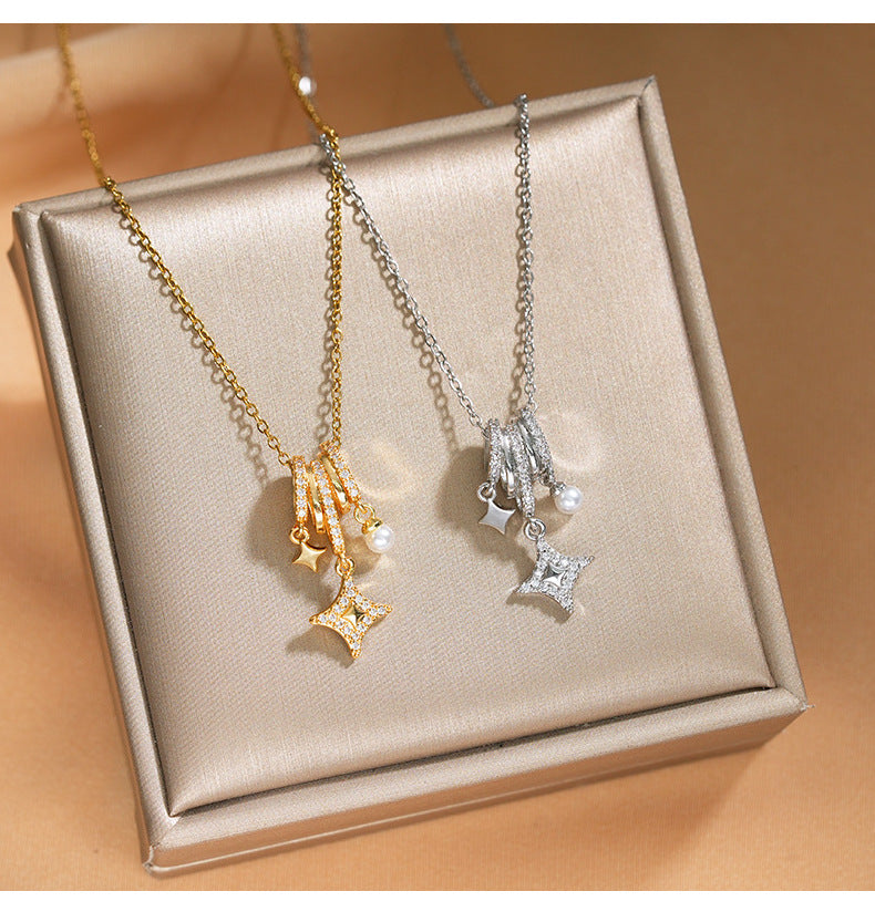 Elegant Inlaid Zircon Exquisite Titanium Steel Necklace for Women Fashionable Versatile Internet Celebrity Collarbone Chain Niche Light Luxury Jewelry