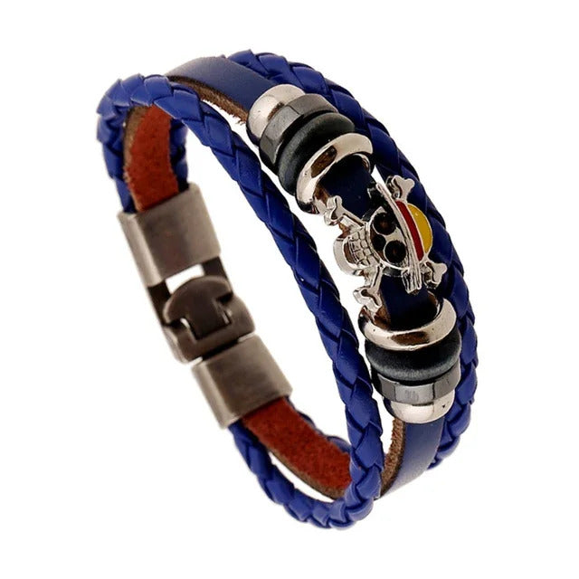 1Pc One Piece Luffy Pirate Bracelet Japan Cartoon Action Figure Toys Punk Black Leather Braided Punk Rock Bangles Bracelet Gifts