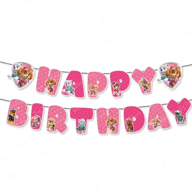 Skye Paw Patrol Birthday Decoration Pink Theme Paper Banner and 6 Hanging Swirls for Kids Girls Baby Shower Party Supplies Set