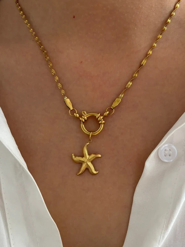 Peri'sbox Stainless Steel Chunky Heart Starfish Shell Pendant Necklace for Women Imitation Pearl Flat Snake Chain Trendy Jewelry