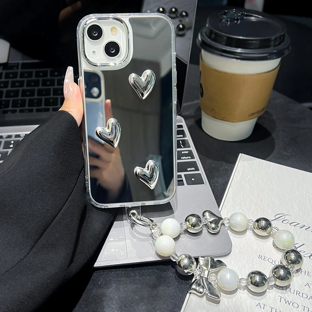 Love Heart Lanyard Mirror Phone Case For iPhone 13 11 16 15 Pro Max 12 14 Plus XR X XS Case Wrist Chain Makeup Mirror Soft Cover