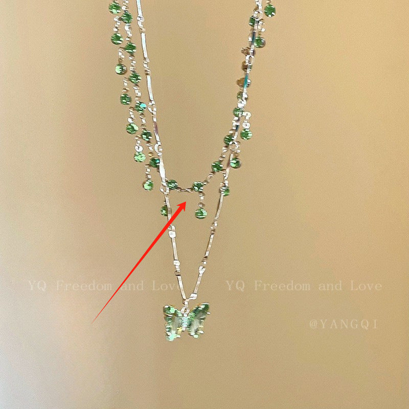 Blue Butterfly Double Tassel Necklace Summer Cool Necklace Accessories Female Niche Clavicle Chain