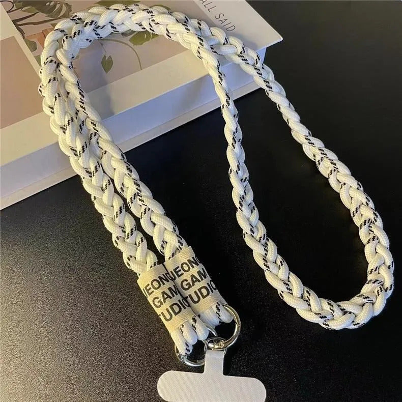 Durable Three-Strand Braided Mobile Phone Lanyard Long Crossbody Shoulder Strap with Ponytail Holder Pendant for Women