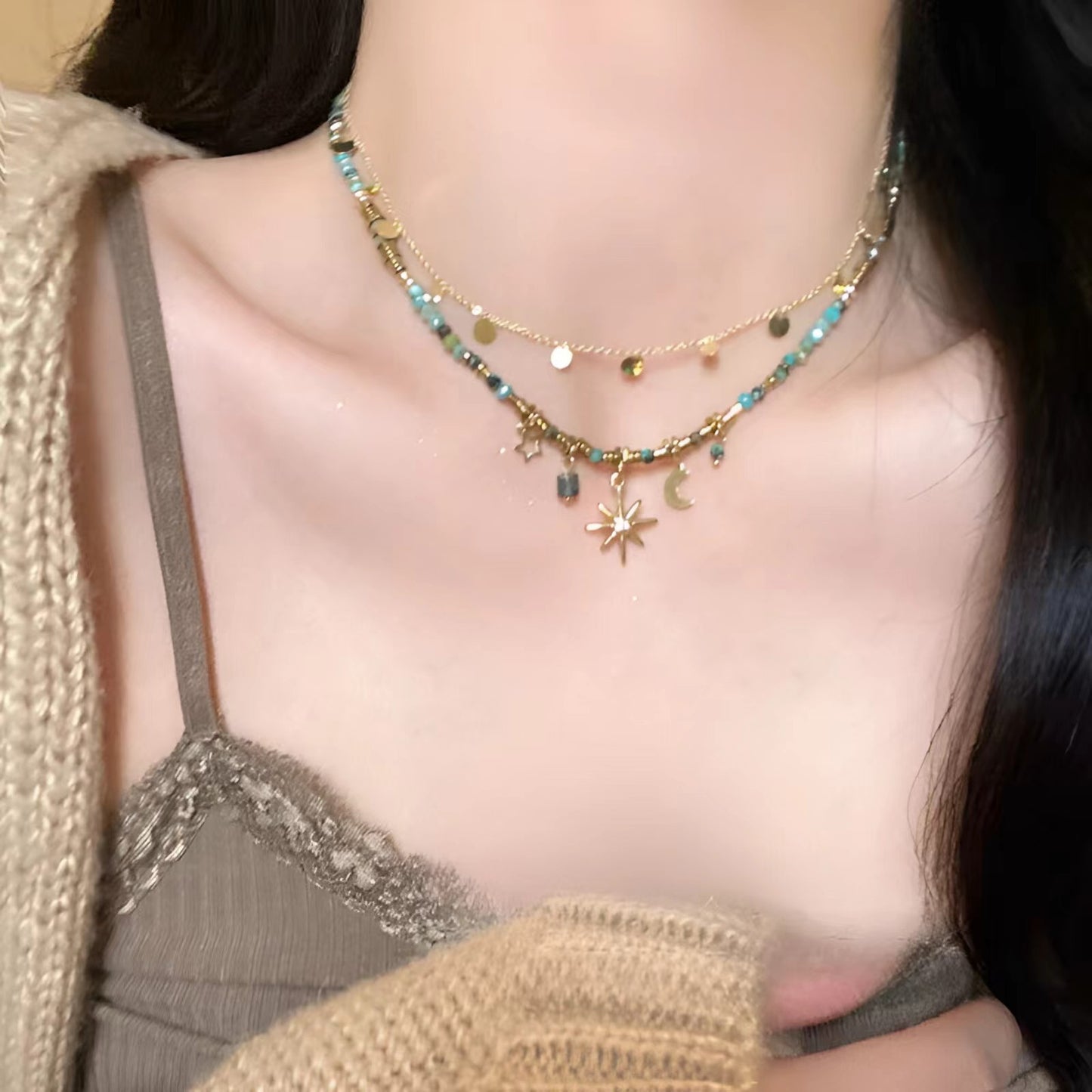 Vintage Mango Star Double Layer Stacked Necklace for Women Creative Niche Light Luxury Personality Versatile Clavicle Chain High-end Accessory Trend