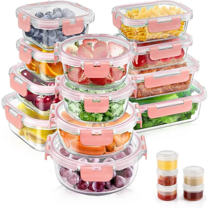 34pcs Glass Food Storage Containers with Lids Set, Airtight Glass Meal Prep Containers (17 Containers & 17 Lids), Leak Proof