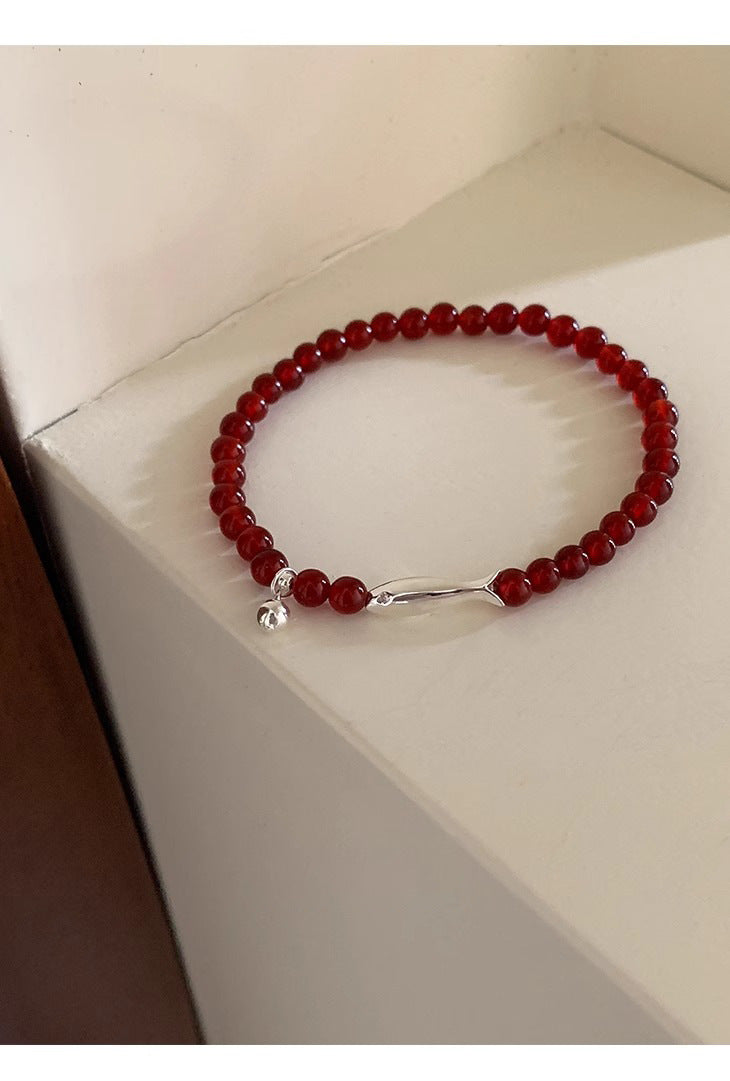 S925 Sterling Silver Fresh Style Red Agate Small Fish Bracelet for Women, Niche Design, Light Luxury, Versatile New Bracelet
