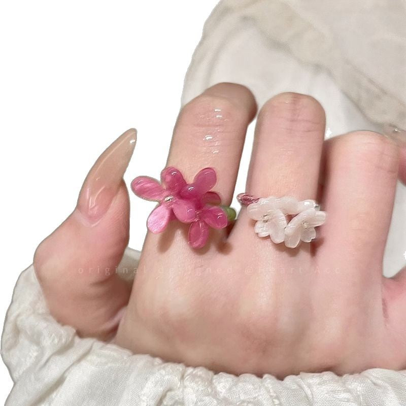 Violet Flower Elastic Beaded Ring for Women 2025 Spring Summer Korean Style Index Finger Ring Dopamine Bestie Layered Ring