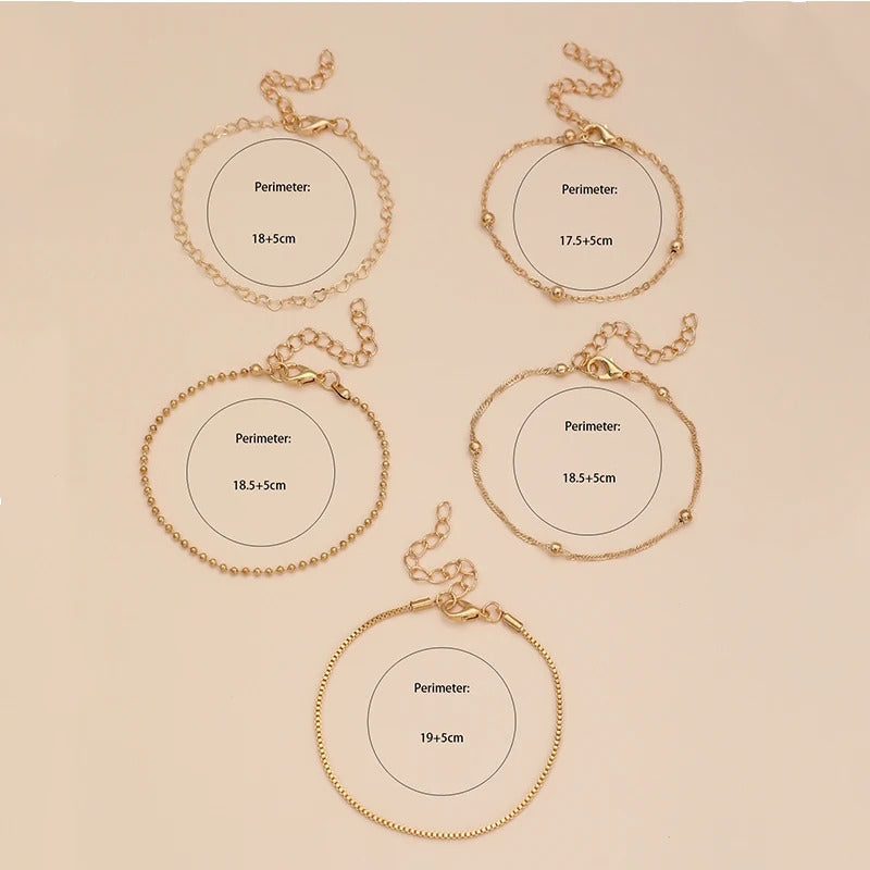 5pcs/set Exquisite Gold/Silver Color Thin Heart Chain Bracelets Set For Women Daily Wear Jewelry Accessories