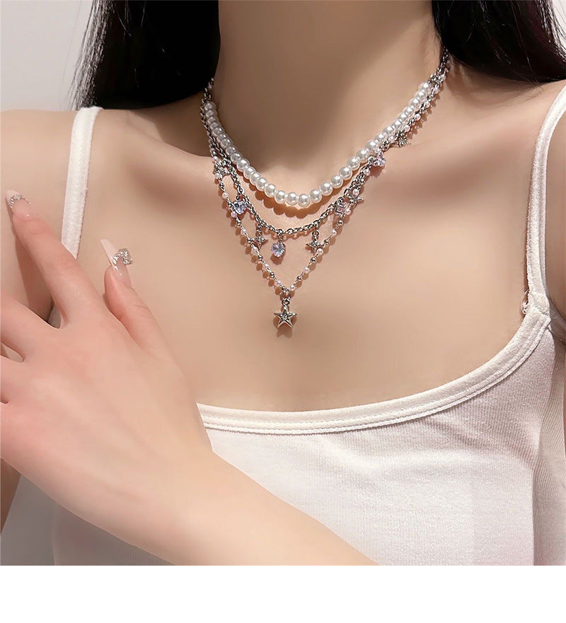 Iterative Five-pointed Star Pendant Pearl Necklace Cold Style Light Luxury Spice Clavicle Chain
