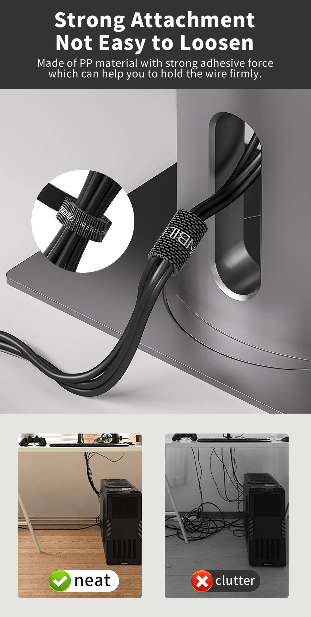 NNBILI Data Cable Management Strap Reusable Detachable Can Be Cut Freely Multifunctional Velcro Strap Fixed Storage Accessories