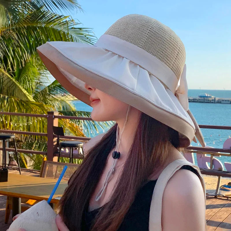 Women Bucket Hats Summer Sun Hat Large Brim Neck Protection Sunshade Hats with Bow Fisherman Caps for Ladies