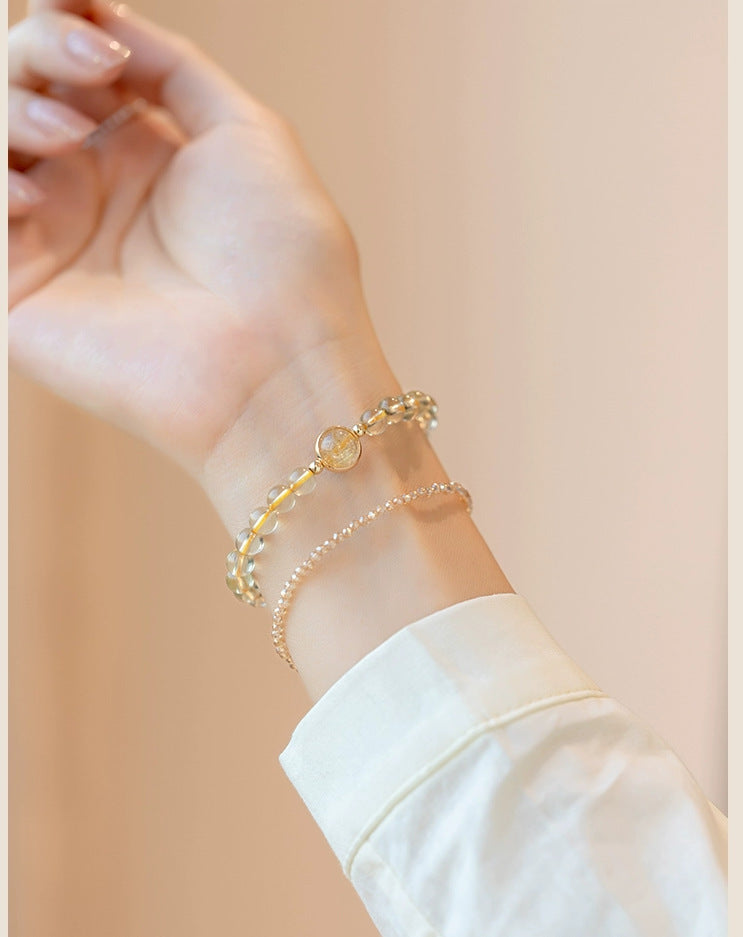 Natural Citrine Bracelet Women's Bracelet Rutile Gold Rutilated Quartz Bracelet Brazil Scattered Beads Money Drawing and Luck Changing Gifts for Girlfriend