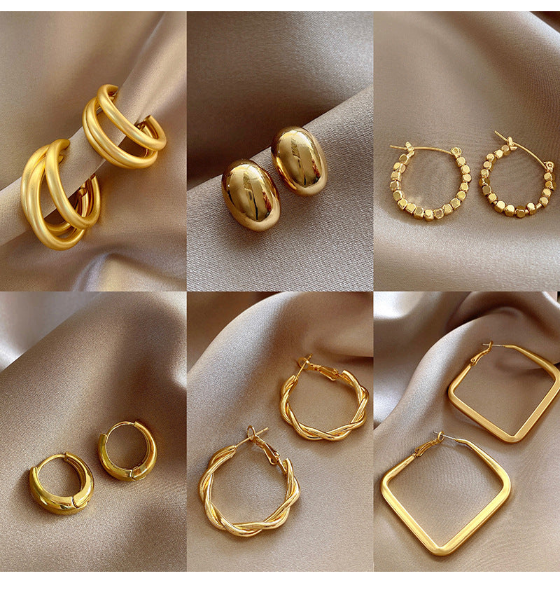 925 Silver Needle Hong Kong Style Retro Metal Earrings Women's High-Grade Geometric Simple Bracelet Ear Clip All-Match Exaggerated Commuter Earrings