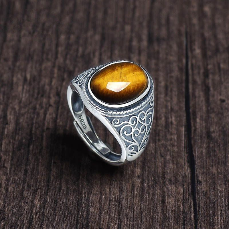 New S925 Silver Tiger Eye Stone Adjustable Men's Ring Vintage Style Natural Gift Open Ring Gold Feel