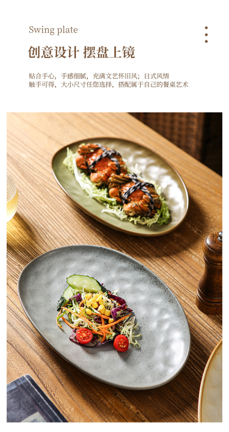 Vintage Coarse Pottery Oval Ceramic Long Plate Restaurant Home Large Capacity Personalized Fish Plate Sushi Pastry Dessert Display Plate