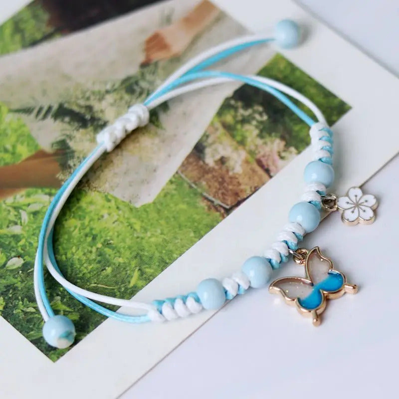Kpop Cute Colorful Butterfly Bracelet for Women Girl Fashion Hand-woven Star Bell Beads Flower Pendant Bracelet Sister's Jewelry