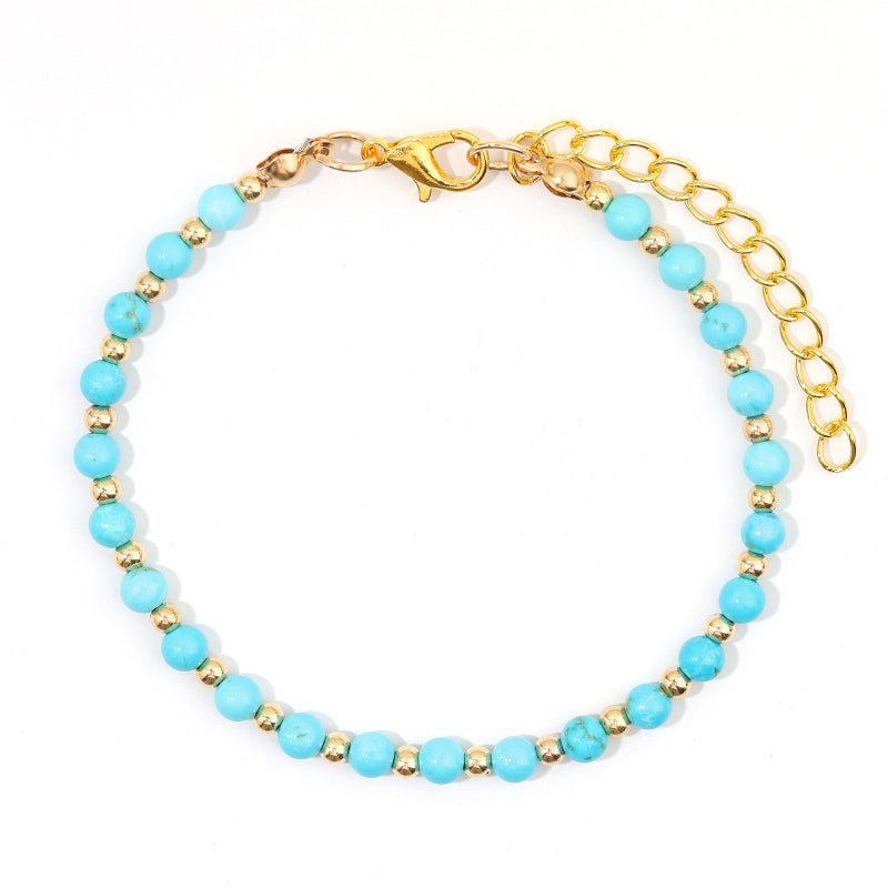 Natural Stone Beaded Bracelet 4mm Turquoise Gold Beads Adjustable Girlfriend Gift Bracelet Turquoise Beaded Bracelet