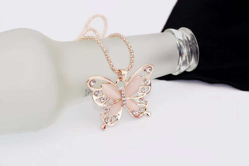 SUMENG 2024 New Necklace Choker Pendent Rose Gold Color Opal Butterfly Pendant Exquisite  Sweater Chain For Women Gifts