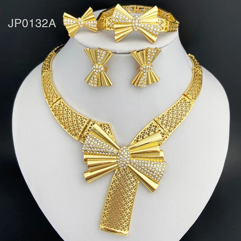 Italy 18k Gold Plated Women Jewelry Set Classic Design Bowknot Necklace Earring Bracelet And Ring 4PCS Set Jewelry Wedding Party