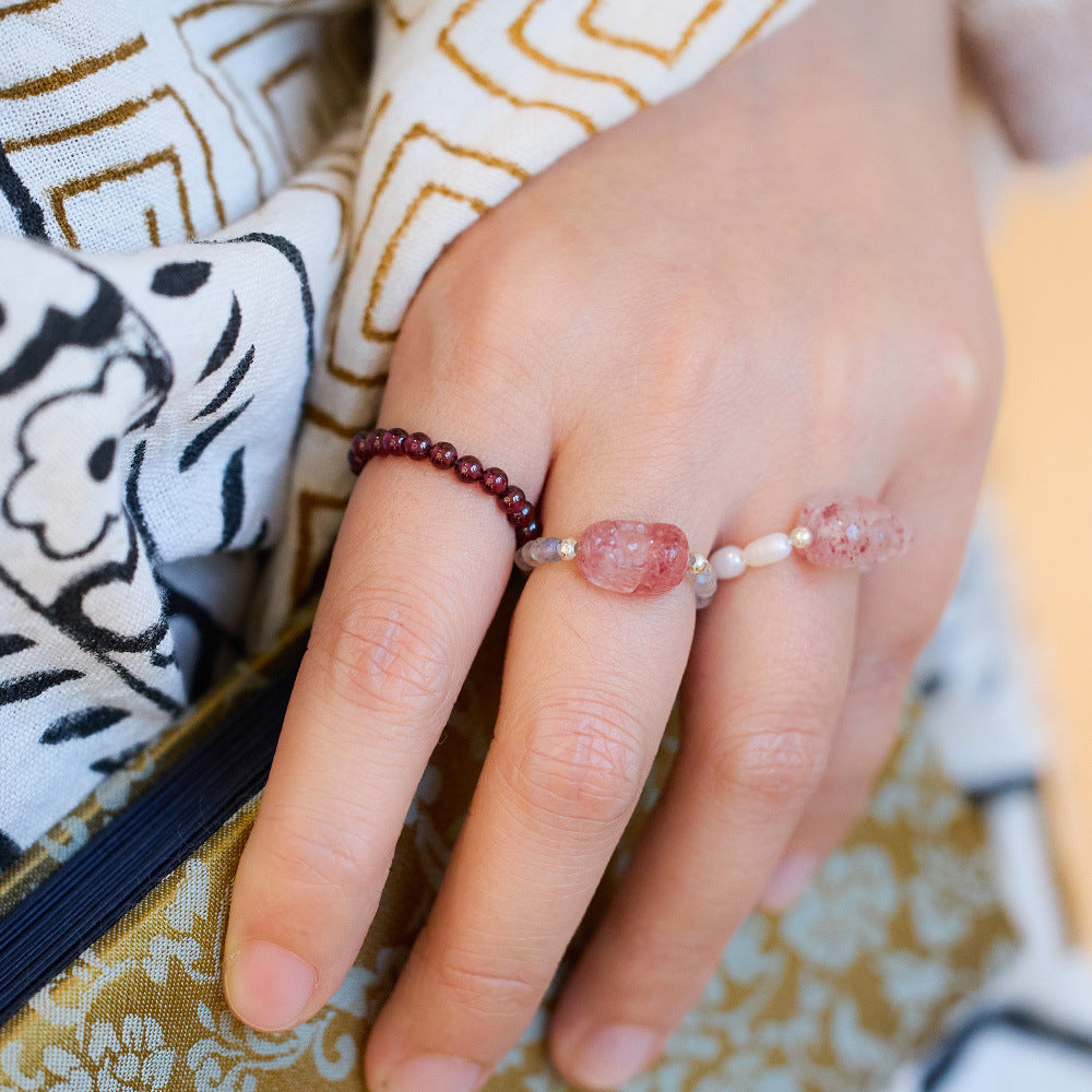 Natural Tourmaline Pixiu Ring Freshwater Pearl Garnet Crystal Stretch Good Luck Peach Blossom Rings