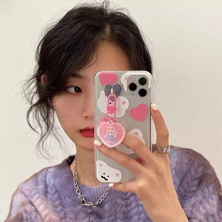 Kawaii Adhesive Metal Heart Phone Charm Holder Mobile Phone Case Finger Ring Stand Hook Buckle Clasp Bear Keychain Pearl pendant