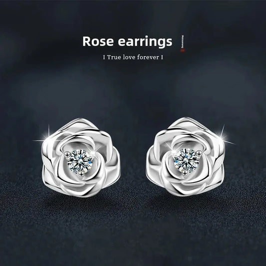 S925 Sterling Silver Moissanite Rose Earrings – Dainty & Elegant