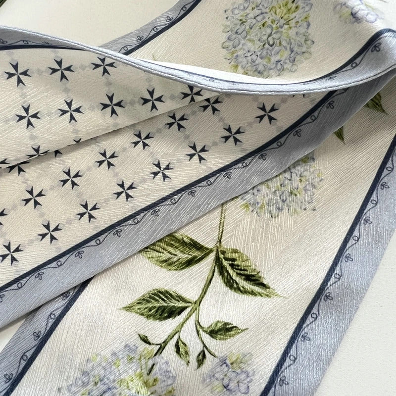 High-Grade Flower Print Long Silk Scarf Hair Band Ribbon Tied-up Hair Long Bow Vintage Satin Ribbon Hair Accessories For Women