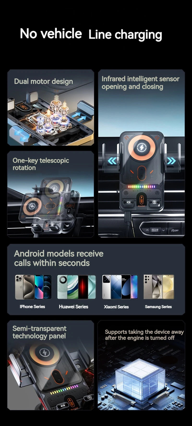 2025 New F18 Car Wireless Charger Holder Auto-Sensing Electric Telescopic 90° Rotation Ambient Light Universal for Cars/Phones