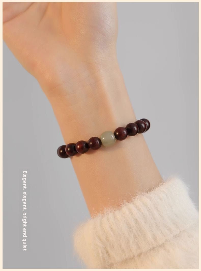 Natural Small Leaf Red Sandalwood Bracelet for Men and Women Couples Black Ebony Wooden Buddhist Beads Golden Silk Sandalwood Bracelet Hetian Jade Top Beads