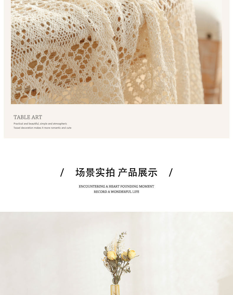 American Pastoral Cotton Woven Tablecloth Lace Hollow Crochet Tassel Dining Tablecloth French Cover Cloth Vintage Ins Tablecloth