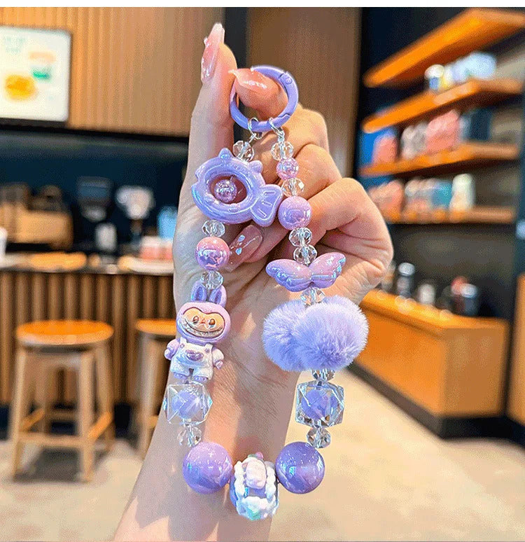 New Labubu wool ball bead Phone Chain Girls Kawaii Cartoon Backpack Pendant Cute Keychain Lanyard Bag Charm Mobile Case Gift