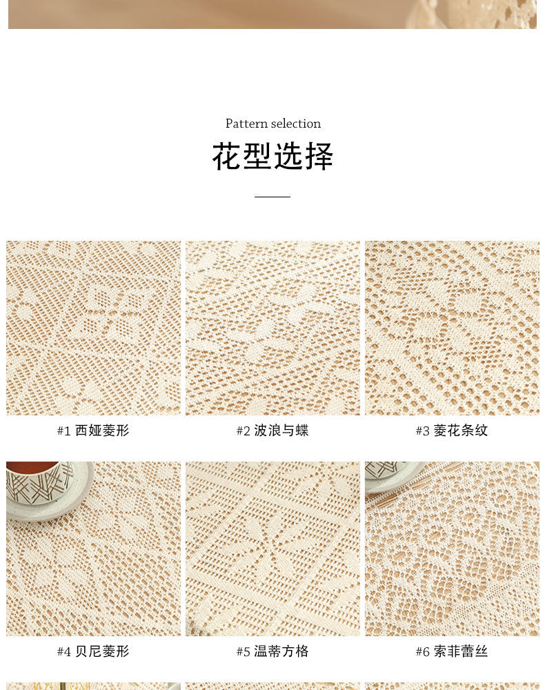 American Pastoral Cotton Woven Tablecloth Lace Hollow Crochet Tassel Dining Tablecloth French Cover Cloth Vintage Ins Tablecloth